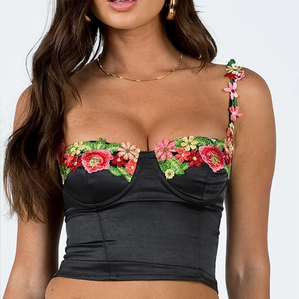 Princess Polly Black Floral Corset Top  “Enchante To Meet You Top”